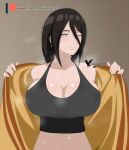  1girl agung911 armpits bangs black_bra black_hair blush boruto:_naruto_next_generations bra breasts highres hyuuga_hanabi large_breasts naruto_(series) navel one_eye_closed purple_eyes removing_jacket shiny shiny_hair signature simple_background smile sports_bra steam steaming_body sweat underwear 