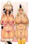  2022 5_fingers animal_humanoid big_breasts blonde_hair blush bodily_fluids border bovid bovid_humanoid bovine bovine_humanoid breasts cathyl_(monster_musume) cattle_humanoid clothed clothing digital_media_(artwork) double_v_sign duo female fingers gesture gradient_background hair hi_res horn horned_humanoid huge_breasts humanoid humanoid_pointy_ears lindaroze_(artist) long_hair looking_at_viewer mammal mammal_humanoid monster_girl_(genre) monster_musume multicolored_hair navel ogre open_mouth red_eyes simple_background sweat sweatdrop text tionishia_(monster_musume) two_tone_hair url v_sign white_border yellow_eyes 