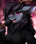  2022 anthro black_clothing black_topwear breasts cervid clothing fan_character female hasbro hi_res hoodie mammal my_little_pony open_mouth portrait purple_eyes solo tongue tongue_out topwear 