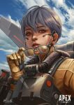  1girl absurdres apex_legends bangs bodysuit cloud copyright_name hair_behind_ear highres holding holding_eyewear jetpack logo looking_at_viewer orange_bodysuit parted_lips portrait realistic short_hair signature sky solo sunglasses valkyrie_(apex_legends) warren_nguyen 