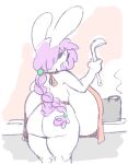  2018 angstrom anthro apron apron_only back_boob big_breasts big_butt braided_hair breasts butt clothing cooking cooking_pot female hair huge_breasts hyper hyper_breasts laddle lagomorph leporid long_hair looking_back mammal marie_(angstrom) mostly_nude open_mouth pot_(disambiguation) purple_hair rabbit solo thick_thighs white_body 