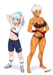  1boy 1girl abs aqua_eyes arms_behind_head arms_up barefoot biceps black_bra black_sports_bra blush bra breasts cleavage closed_mouth collarbone dark-skinned_female dark_skin eyebrows_visible_through_hair grey_hair highres large_breasts long_hair looking_at_viewer muscular muscular_female navel nestkeeper original otoko_no_ko parted_lips ponytail short_hair siblings smile sports_bra sweat underwear 