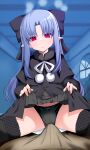  1boy 1girl bangs black_legwear black_panties blue_hair blush bow bulge capelet clothes_lift eyebrows_visible_through_hair hair_bow highres len_(tsukihime) lifted_by_self long_hair okuri_banto panties pointy_ears pov red_eyes sitting sitting_on_person skirt skirt_lift spread_legs thighhighs tsukihime underwear 