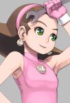  1girl armpits breasts brown_hair earrings gloves green_eyes hair_pulled_back hairband jewelry maruta_kentarou medium_hair mega_man_(series) mega_man_legends pink_hairband simple_background smile solo tron_bonne_(mega_man) 