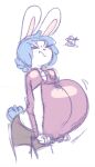  2018 angstrom anthro big_breasts blue_hair bottomwear breasts clothing eyes_closed female hair huge_breasts lagomorph leporid mammal molly_(angstrom) pulling_shirt_down rabbit shirt shorts solo struggling struggling_to_fit topwear white_body 