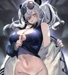  1girl :d absurdres animal_ears arknights bangs bare_shoulders black_hair bottomless breasts cleavage cleavage_cutout clothing_cutout commentary_request crop_top eyewear_on_head feater_(arknights) groin hair_over_one_eye highres ichini_(aaaraaaaaaaaa) jacket large_breasts long_hair looking_at_viewer multicolored_hair navel off_shoulder open_clothes open_jacket out-of-frame_censoring panda_ears partial_commentary silver_hair smile solo stomach streaked_hair sunglasses twintails 