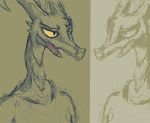  2013 abstract_background ambiguous_gender anthro bittertooth colored_sketch dragon headshot_portrait horn kobold portrait reflection simple_background sketch smile solo yellow_eyes 