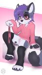  2022 4_fingers 4_toes andromorph anthro anus canid canine canis clothed clothing digital_media_(artwork) domestic_dog feet fingers genitals hair hi_res intersex mammal panties pink_eyes purple_hair pussy rysonanthrodog sitting smile solo toes underwear 