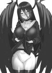  1girl black_legwear blue_archive blush breasts choker closed_mouth collarbone eyebrows_visible_through_hair garter_belt gloves greyscale hair_between_eyes half_gloves halo hasumi_(blue_archive) hohahiida large_breasts lifted_by_self long_hair looking_at_viewer mole mole_under_eye monochrome no_panties school_uniform serafuku simple_background skirt solo thighhighs very_long_hair white_background wings 