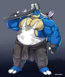  anthro belly blastoise blue_body bottomwear clothing eye_patch eyewear hi_res male manlyster musclegut muscular muscular_anthro muscular_male nintendo nipples overweight overweight_anthro overweight_male pants pecs pok&eacute;mon pok&eacute;mon_(species) shell shirt solo tank_top tools topwear video_games wrench 
