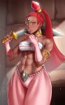  1girl abs armlet bare_shoulders blowing_kiss blush breasts dark_skin earrings fingerless_gloves forehead_jewel gerudo gloves heart heart-shaped_pupils highres holding holding_sword holding_weapon jewelry long_hair medium_breasts muscular muscular_female nabooru navel orange_eyes over_shoulder pink_gloves pink_nails ponytail red_hair solo standing sword symbol-shaped_pupils the_legend_of_zelda the_legend_of_zelda:_ocarina_of_time toin_(koto54576897) weapon 
