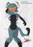  absurd_res anthro black_body black_fur breasts clitoris dakimakura_design dakimakura_pose demonic devil_horns_(disambiguation) domestic_cat felid feline felis female firenox1559 fur galia_(firenox1559) genitals glowing glowing_eyes green_body hi_res horn jewelry looking_at_viewer mammal mattress necklace nipples nude pentagram_necklace pink_nipples pink_nose pussy simple_background solo white_background 