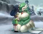  areola areola_slip big_breasts breasts cleavage clothed clothing duo english_text eyes_closed female gardevoir green_hair hair hi_res huge_breasts human humanoid larger_female larger_humanoid mammal nintendo not_furry plant pok&eacute;mon pok&eacute;mon_(species) sitting size_difference smaller_female smaller_human text tree video_games yboon 