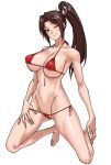  1girl ;) areola_slip areolae bangs bare_legs barefoot bikini blush breasts brown_eyes brown_hair cleavage closed_mouth commentary eyebrows_visible_through_hair eyelashes fatal_fury full_body hair_tie halterneck highres hohahiida kneeling large_breasts lips long_hair looking_at_viewer micro_bikini navel one_eye_closed parted_bangs ponytail red_bikini shiranui_mai side-tie_bikini simple_background smile solo stomach string_bikini swimsuit the_king_of_fighters white_background 