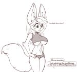  2022 anthro big_breasts big_ears breasts canid canine clothing dialogue elbow_tufts eyebrow_through_hair eyebrows eyelashes fangs female fennec fox green_eyes hair hands_on_hips hi_res inner_ear_fluff long_hair mammal midriff navel nipple_outline open_mouth scorpdk shoulder_tuft simple_background solo speech_bubble translucent translucent_hair tuft under_boob unseen_character white_background 
