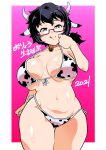  1girl :q absurdres animal_ears animal_print ass_visible_through_thighs bangs bell bikini birthday black_eyes black_hair breasts character_name closed_mouth collar commentary cow_ears cow_girl cow_horns cow_print cowboy_shot curvy dated front-tie_bikini front-tie_top girls_und_panzer glasses half-closed_eyes halterneck highres horns large_breasts looking_at_viewer medium_hair messy_hair navel oryou_(girls_und_panzer) outside_border pink_background print_bikini red-framed_eyewear semi-rimless_eyewear shinkuukan_(tetsuo3) short_ponytail side-tie_bikini smile solo standing swimsuit thigh_gap tongue tongue_out translated under-rim_eyewear white_bikini 