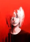  1boy accelerator_(toaru_majutsu_no_index) black_shirt close-up doya_(doya_oekaki) dripping glowing glowing_eyes hair_over_eyes highres horror_(theme) long_bangs looking_at_viewer male_focus parted_lips portrait red_background red_eyes shirt splatter t-shirt teeth toaru_majutsu_no_index white_hair 