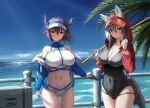  2girls absurdres animal_ears arknights bare_shoulders beach bikini black_swimsuit breasts chun_bae cleavage clothing_cutout halterneck highres hood hood_up hoodie horns jacket jacket_partially_removed large_breasts looking_at_viewer multiple_girls navel navel_cutout outdoors palm_tree pointy_ears projekt_red_(arknights) purple_hair railing sideroca_(arknights) skin_tight skindentation smile swimsuit tail thighs tree visor_cap water yellow_eyes 