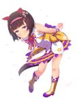  1girl animal_ears arms_behind_back bent_over black_hair blush commentary_request full_body highres horse_ears horse_girl horse_tail looking_at_viewer nishino_flower_(umamusume) purple_eyes short_hair simple_background smile solo susutaketakumi tail umamusume white_background 