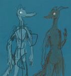  2013 abstract_background ambiguous_gender anthro bittertooth black_body black_scales blue_body blue_scales dragon duo grin horn kobold male monochrome scales simple_background sketch smile 