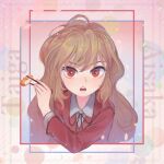  1girl aisaka_taiga bangs black_ribbon blazer blush brown_eyes brown_hair character_name chopsticks circle commentary cyasha dress_shirt eyelashes food holding holding_chopsticks holding_food jacket lips long_hair looking_at_viewer messy_hair neck_ribbon oohashi_high_school_uniform open_mouth outside_border pink_background red_eyes red_jacket ribbon romaji_text school_uniform shirt solo teeth tonkatsu toradora! upper_body very_long_hair white_shirt 