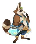  2022 afk_arena anthro belly biped black_nose bottomwear brown_body brown_fur clothing fur hi_res humanoid_hands kemono leaf mammal okn_369 overweight pants procyonid raccoon raku_(afk_arena) simple_background solo water 