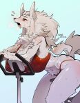  anthro big_breasts blush bodily_fluids breasts canid canine clothing exercise female fur hi_res mammal panties solo sweat tongue tongue_out underwear white_body white_fur yuio 