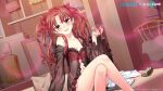  1girl black_babydoll bra cup date_a_live:_spirit_pledge drinking_glass eyebrows_visible_through_hair highres holding holding_cup long_hair looking_at_viewer official_art open_mouth panties red_bra red_eyes red_hair red_panties shirai_kuroko sitting smile solo toaru_majutsu_no_index underwear wine_glass 