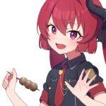  1girl afnroll black_shirt blue_archive dango fang food hair_between_eyes holding holding_food horns junko_(blue_archive) light_blush looking_at_viewer necktie open_hand open_mouth purple_eyes red_hair red_necktie shirt short_sleeves simple_background smile solo upper_body wagashi white_background 