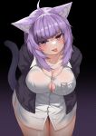  absurdres animal_ears breast_pocket breasts button_gap cat_ears cat_tail cleavage fangs highres hololive jacket large_breasts micon nekomata_okayu no_bra open_clothes pocket purple_eyes purple_hair shirt tail tongue tongue_out virtual_youtuber white_shirt 