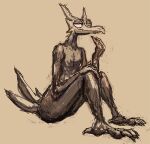  2013 ambiguous_gender anthro bittertooth black_body black_scales dragon grin half-closed_eyes lizard narrowed_eyes reptile scales scalie simple_background sitting sketch smile solo thinking unusual_anatomy unusual_tail 