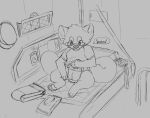  ailurid anthro bed cabin diaper full_diaper furniture hi_res male mammal morning onesie red_panda sketch solo tropojet 
