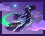  2022 absurd_res anthro belt breasts broom broom_riding cleaning_tool cleavage clothed clothing cloud dragon eyelashes feet female flying hat headgear headwear hi_res holivi horn magic_user moon purple_eyes solo wingless_dragon witch witch_hat 
