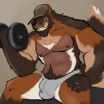  1:1 2022 anthro black_nose brown_body bulge canid canine canis clothing dippubear domestic_dog exercise hat headgear headwear hi_res humanoid_hands male mammal nipples sitting solo underwear workout 