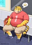  2022 anthro belly bottomwear clothing detailed_background felid hi_res humanoid_hands inside kemono male mammal overweight overweight_male pantherine shirt shorts sitting solo tiger topwear tunx2 