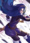  1girl absurdres armor bangs belt blue_eyes blue_hair boots cape falchion_(fire_emblem) fire_emblem fire_emblem_awakening gloves hair_between_eyes highres holding holding_sword holding_weapon long_hair looking_at_viewer lucina_(fire_emblem) nintendo norimaki_(nrmk_norinori) sheath shoulder_armor solo sword thigh_boots thighhighs tiara weapon 