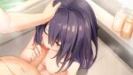  1boy 1girl bangs bathroom black_hair breasts censored closed_eyes completely_nude eyebrows_visible_through_hair fellatio from_above game_cg hair_between_eyes hand_on_another&#039;s_head hibikino-san-chi_wa_eroge-ya-san! hibikino_yui highres long_hair mosaic_censoring nipples nude oral penis pov sawayaka_samehada shiny shiny_hair small_breasts straight_hair wet wet_hair 