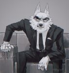  angry anthro black_and_white canid canine canis clothing frown furniture hi_res illumination_entertainment jimmy_crystal male mammal monochrome necktie p0nyplanet simple_background sing_(movie) sitting sofa solo suit wolf 