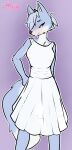  absurd_res anthro blue_body blue_eyes blue_hair canid canine canis clothed clothing dress female fox hair hi_res hybrid mammal privvys-art short_hair smile smirk solo translucent translucent_clothing white_body wolf 