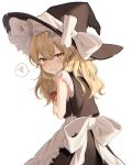  1girl apron back_bow bangs black_headwear blonde_hair blush bow braid closed_mouth commentary_request covering covering_breasts embarrassed eyebrows_visible_through_hair eyelashes frilled_apron frills furrowed_brow hair_between_eyes hair_ribbon hat highres jill_07km kirisame_marisa long_hair looking_at_viewer ribbon sash simple_background single_braid solo spoken_squiggle squiggle standing tearing_up tears torn_apron torn_clothes torn_sleeves touhou tress_ribbon white_apron white_background white_sash witch_hat yellow_eyes 