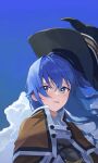  1girl absurdres ahoge bangs black_headwear blue_eyes blue_hair blue_sky brown_cape cape cloud eyebrows_visible_through_hair floating_hair hair_between_eyes hat highres long_hair looking_at_viewer mushoku_tensei open_mouth roxy_migurdia sky solo starshell upper_body witch_hat 