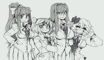  4girls ^_^ bangs blazer bow breasts closed_eyes collared_shirt crossed_arms doki_doki_literature_club double_bun eyebrows_visible_through_hair fang fang_out greyscale hair_bow hand_on_hip head_tilt highres ink_(ink01_) jacket large_breasts long_hair looking_at_viewer monika_(doki_doki_literature_club) monochrome multiple_girls natsuki_(doki_doki_literature_club) ponytail sayori_(doki_doki_literature_club) school_uniform shirt short_hair sidelocks skirt small_breasts smile sweat v vest yuri_(doki_doki_literature_club) 