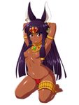  :p animal_ears anubis armpits arms_up breasts dark_skin egyptian egyptian_mythology eyeshadow highres long_hair makeup nipples original purple_hair queen_anubis red_eyes seiza simple_background sitting small_breasts solo tongue tongue_out topless uraeus white_background yoohi 