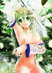  armpits breasts detached_sleeves frog green_eyes green_hair hair_in_mouth hair_ornament hands highres kochiya_sanae large_breasts long_hair mouth_hold nipples nude porurin pussy snake solo touhou uncensored water wet 