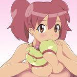  bangs blush breast_squeeze breasts censored clothed_sex covered_nipples gradient hinata_natsumi keroro_gunsou large_breasts looking_at_viewer lying mosaic_censoring naughty_face on_back orange_eyes paizuri paizuri_under_clothes penis pink_hair pov short_hair smile solo_focus twintails underboob 