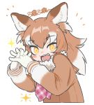  +_+ 1girl :d animal_ears appleq ascot bangs blush brown_eyes brown_hair commentary_request eyebrows_visible_through_hair fang fur_collar gloves grey_hair hands_together hands_up highres interlocked_fingers japanese_wolf_(kemono_friends) kemono_friends long_hair long_sleeves looking_at_viewer multicolored_hair open_mouth orange_pupils own_hands_together plaid plaid_neckwear sailor_collar smile solo sparkle sweater two-tone_hair upper_body white_gloves wolf_ears 