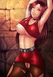  armpits arms_up bad_id bad_pixiv_id bare_knuckle bdsm belt blaze_fielding blue_eyes bondage bound breasts brown_hair choker cleavage commentary_request covered_nipples crotch_rope half-closed_eyes large_breasts lips long_hair miniskirt momoman_(pink_voltage) nipples no_bra no_panties one_breast_out pantyhose pubic_hair pussy pussy_juice red_skirt shiny shiny_skin skirt solo_focus studded_belt tank_top tears torn_clothes torn_legwear underboob wince 