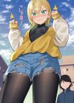  &gt;:) 1boy 1girl ? ^^^ bangs black_hair black_legwear black_shirt blonde_hair blue_jacket blue_shorts blue_sky blurry blurry_background blush breasts brown_jacket building clenched_hands closed_mouth cloud cloudy_sky commentary_request day denim denim_shorts depth_of_field earrings eyebrows_visible_through_hair faceless faceless_male from_below gradient_hair green_eyes green_hair grey_shirt gurande_(g-size) hair_between_eyes hands_up highres jacket jewelry legwear_under_shorts long_sleeves looking_at_viewer looking_down multicolored_hair necklace nose_blush original outdoors pantyhose puffy_long_sleeves puffy_sleeves shirt short_shorts shorts sky sleeves_past_wrists small_breasts smile standing star_(symbol) star_in_eye star_necklace symbol_in_eye torn_clothes torn_shorts translation_request v-shaped_eyebrows 