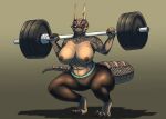  absurd_res anthro argonian bethesda_softworks big_breasts big_butt breasts butt claws clothed clothing curvy_figure fangs female heterochromia hi_res horn lifting looking_at_viewer multicolored_body muscular muscular_female nipples open_mouth open_smile partially_clothed scalie simple_background smile solo the_elder_scrolls thick_thighs tolerain topless two_tone_body video_games wide_hips 