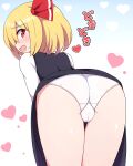  1girl ass back bangs bare_legs black_dress blonde_hair blue_background blush dress eyebrows_visible_through_hair fang gradient gradient_background hair_between_eyes hair_ribbon heart long_sleeves looking_back looking_to_the_side open_mouth panties pink_heart red_eyes red_ribbon ribbon rizento rumia shirt short_hair smile solo standing touhou underwear white_background white_panties white_shirt white_sleeves 